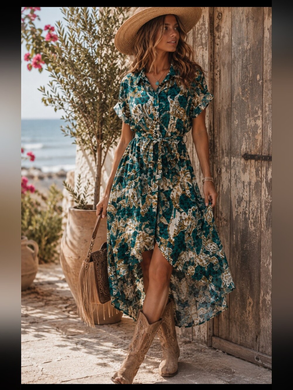 Anthropologie Maeve Botanical Animal Print High Low Shirt Dress Tie Waist Small